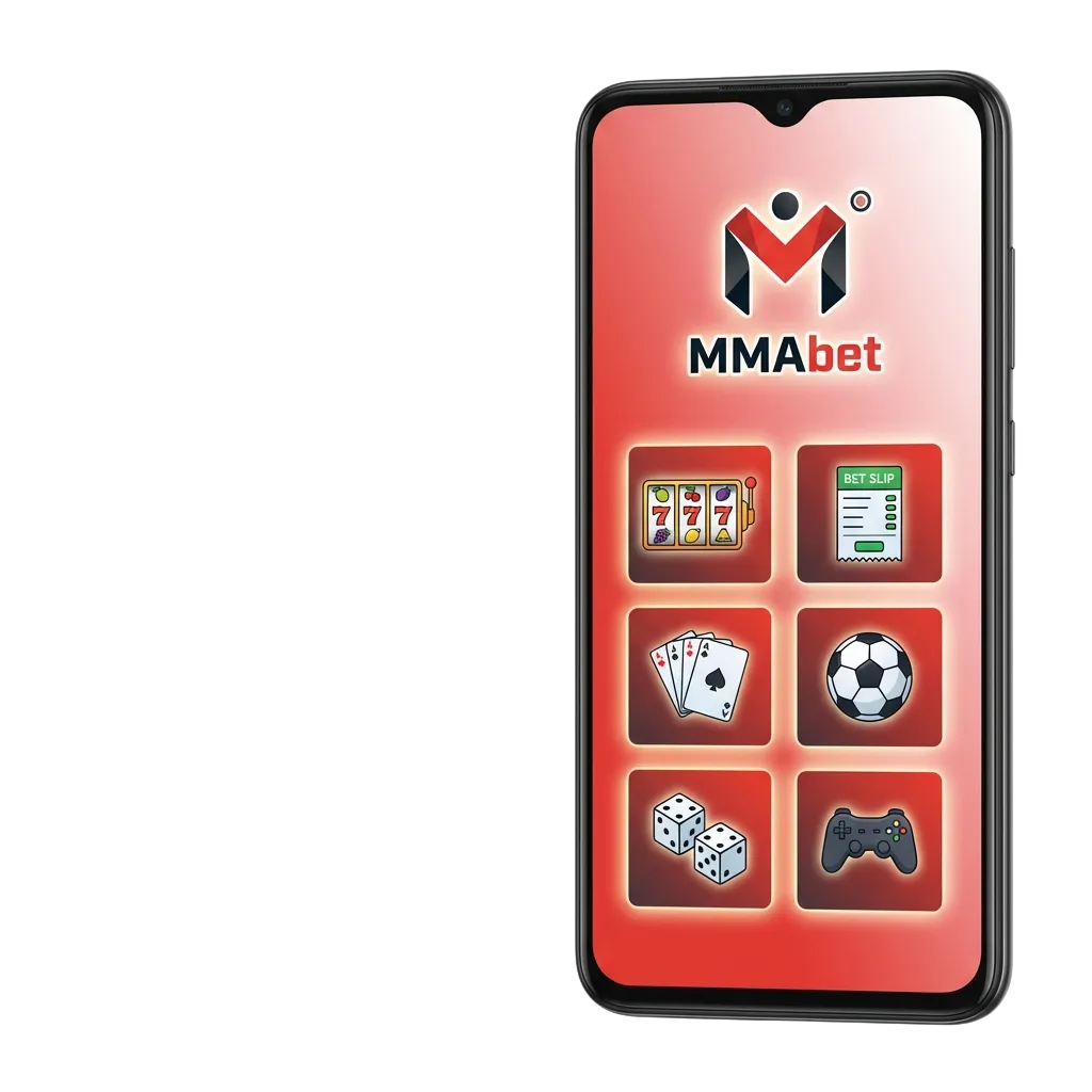 Tela inicial do aplicativo MMAbet para Android exibindo opções de apostas esportivas, cassino ao vivo e slots