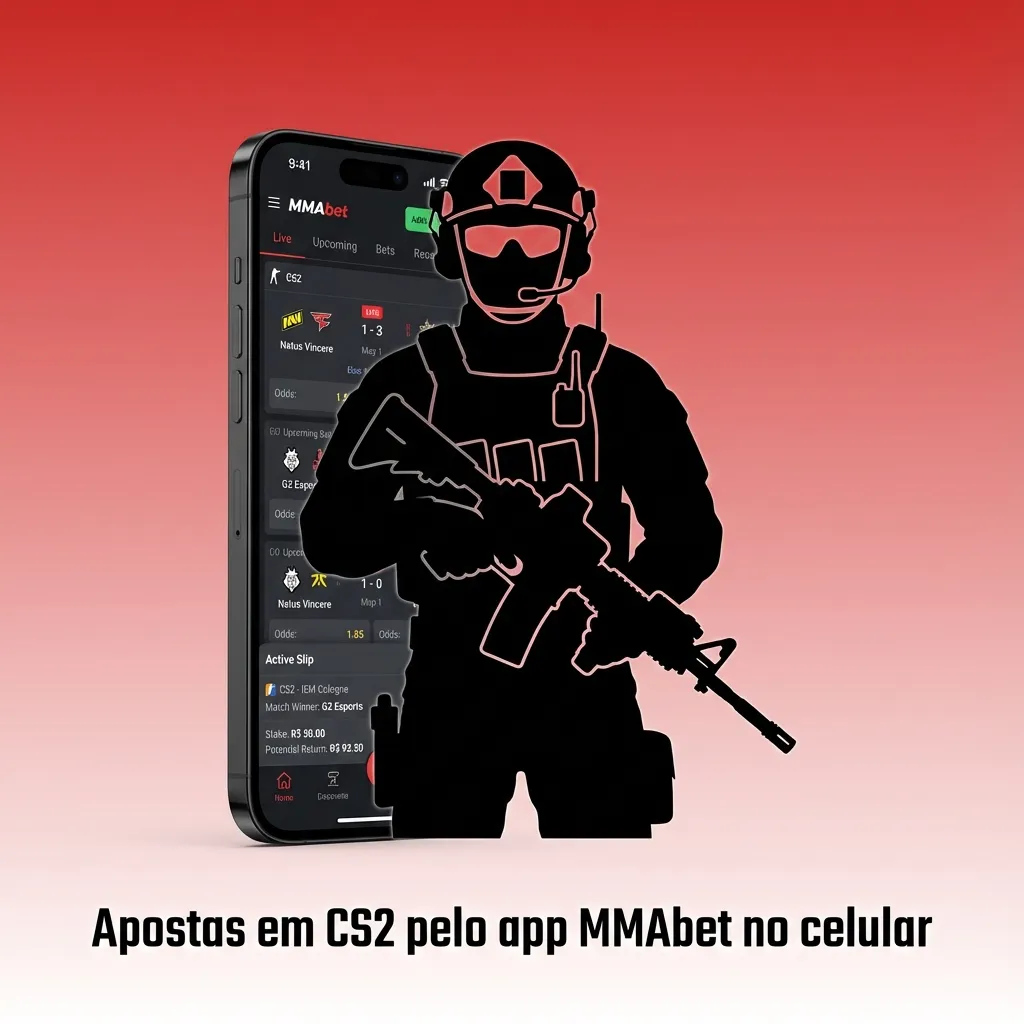 Tela de celular exibindo o app MMAbet com apostas ao vivo em partidas de CS2 em destaque