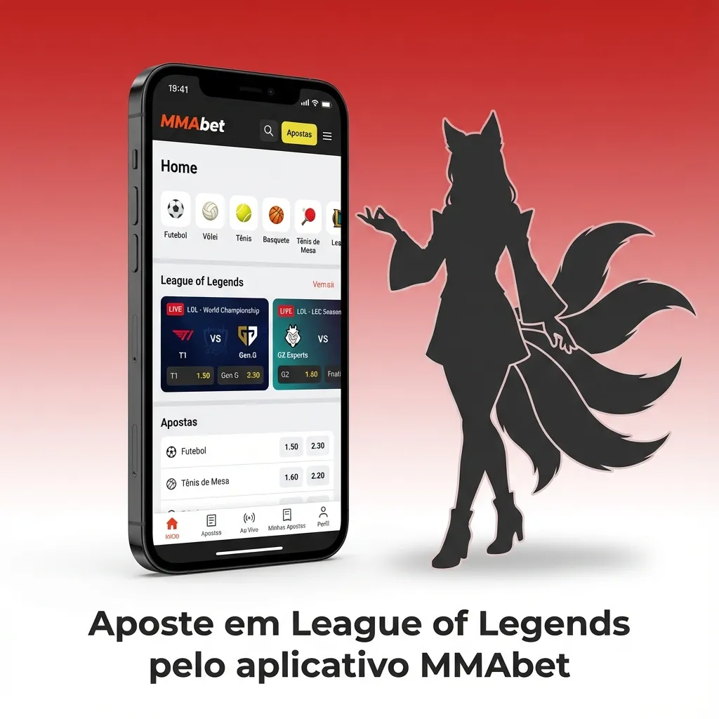 Tela de celular com app MMAbet aberto em seção de apostas ao vivo de League of Legends, com odds e partidas em destaque