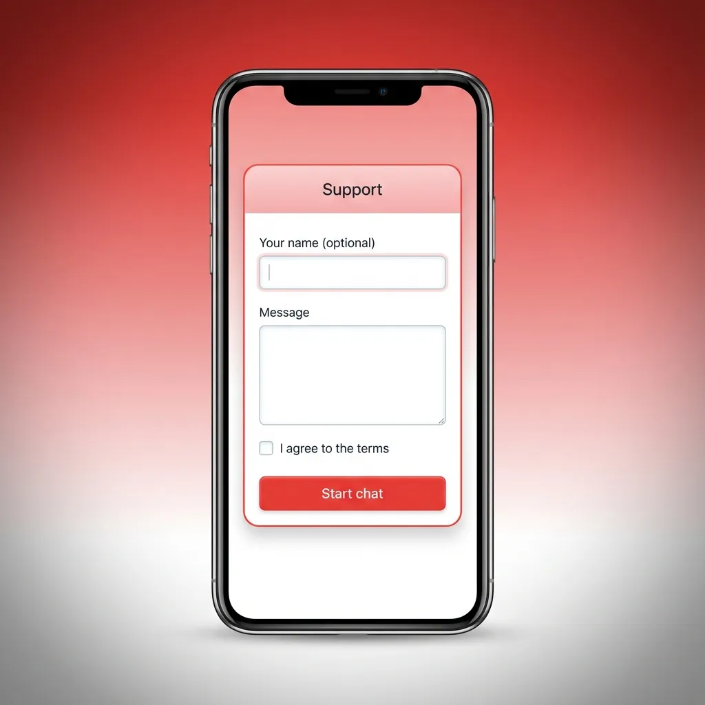 Tela de iPhone exibindo app MMAbet aberto na área de suporte com chat ao vivo, e-mail e central de ajuda para o usuário