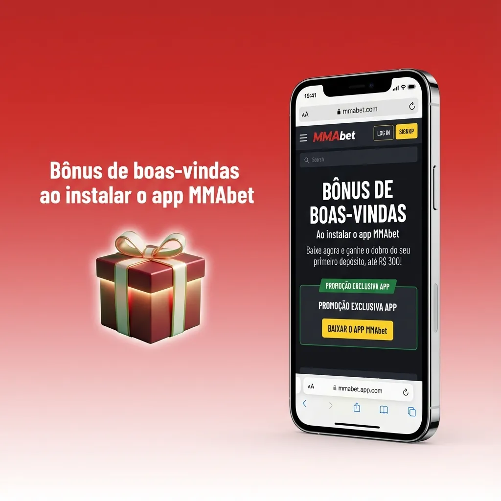 Tela promocional do app MMAbet destacando bônus de boas-vindas de até 200% para cassino e apostas esportivas