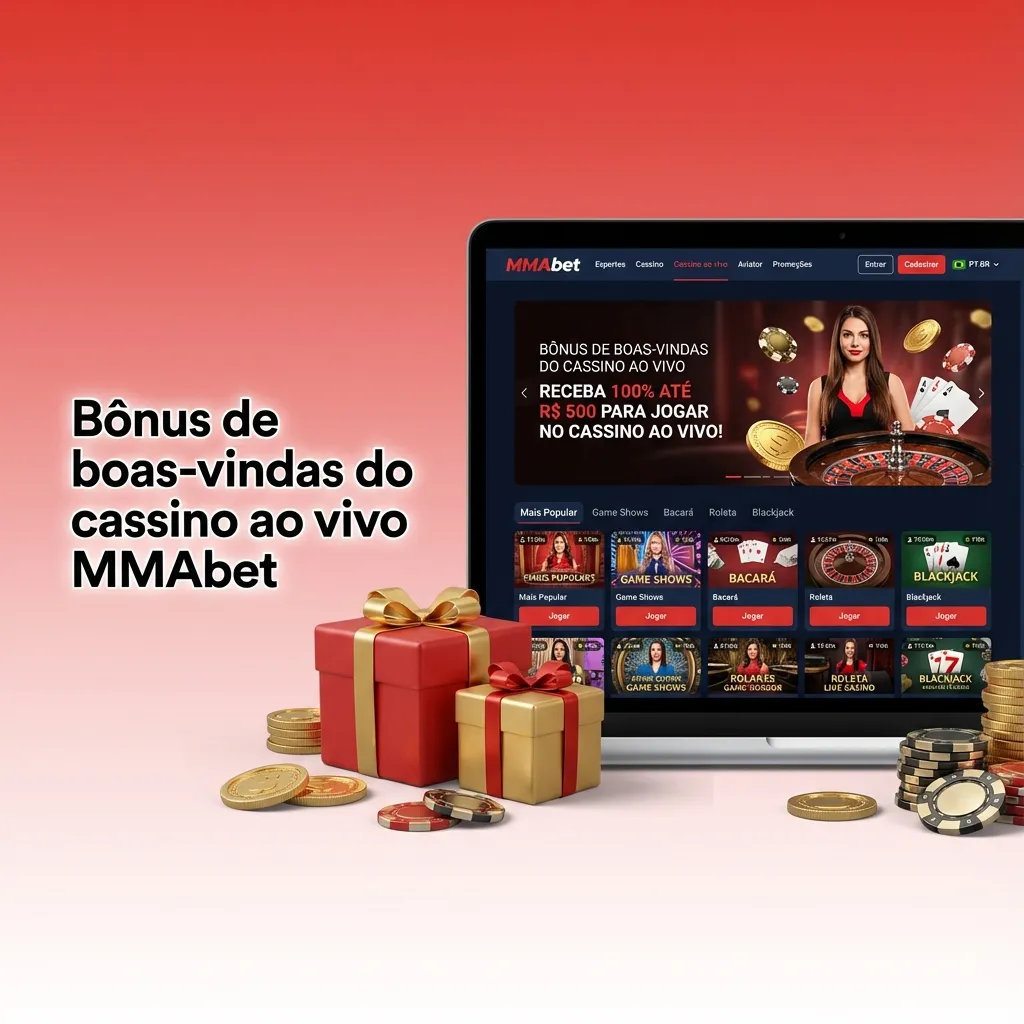 Banner da MMAbet com oferta de bônus de boas‑vindas de até 200% para cassino ao vivo, mesas e fichas de jogo ao fundo