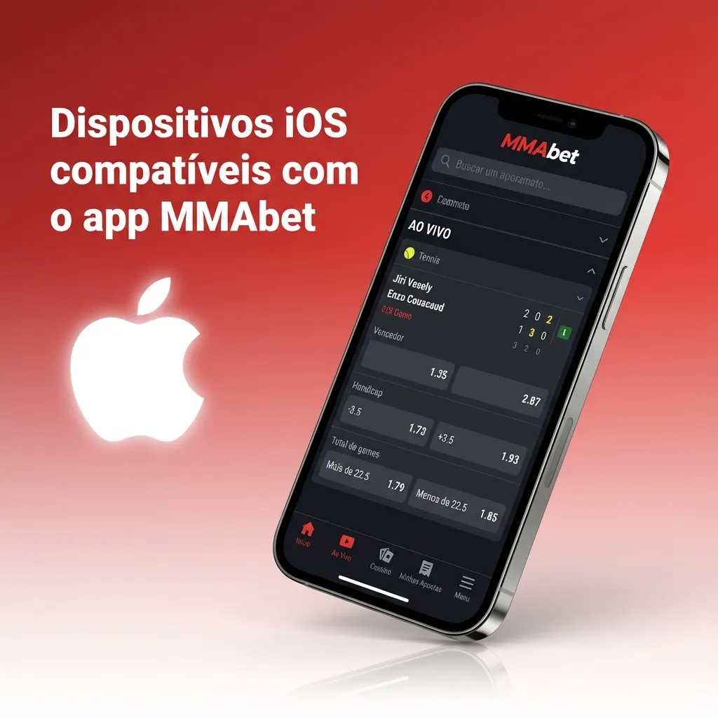 Ilustração de iPhones recentes compatíveis com o app MMAbet, exibindo tela de apostas e cassino em iOS