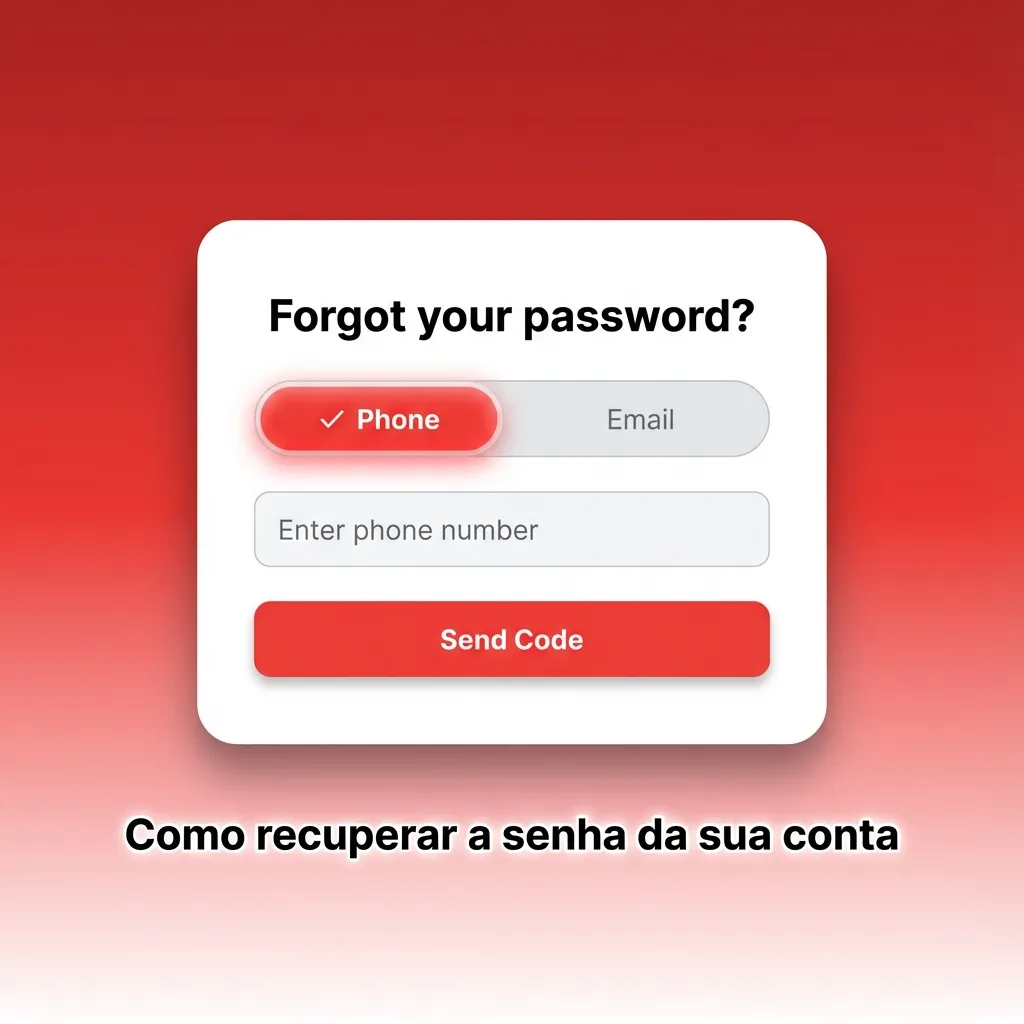 Ilustração de tela de login com botão “Esqueci minha senha” destacado e ícones de e-mail e SMS para recuperação.