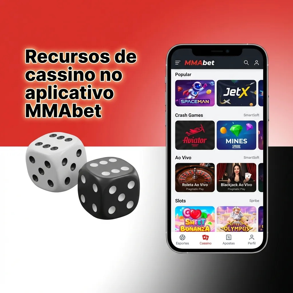 Tela do app MMAbet exibindo slots populares, cassino ao vivo com crupiês e promoções em destaque