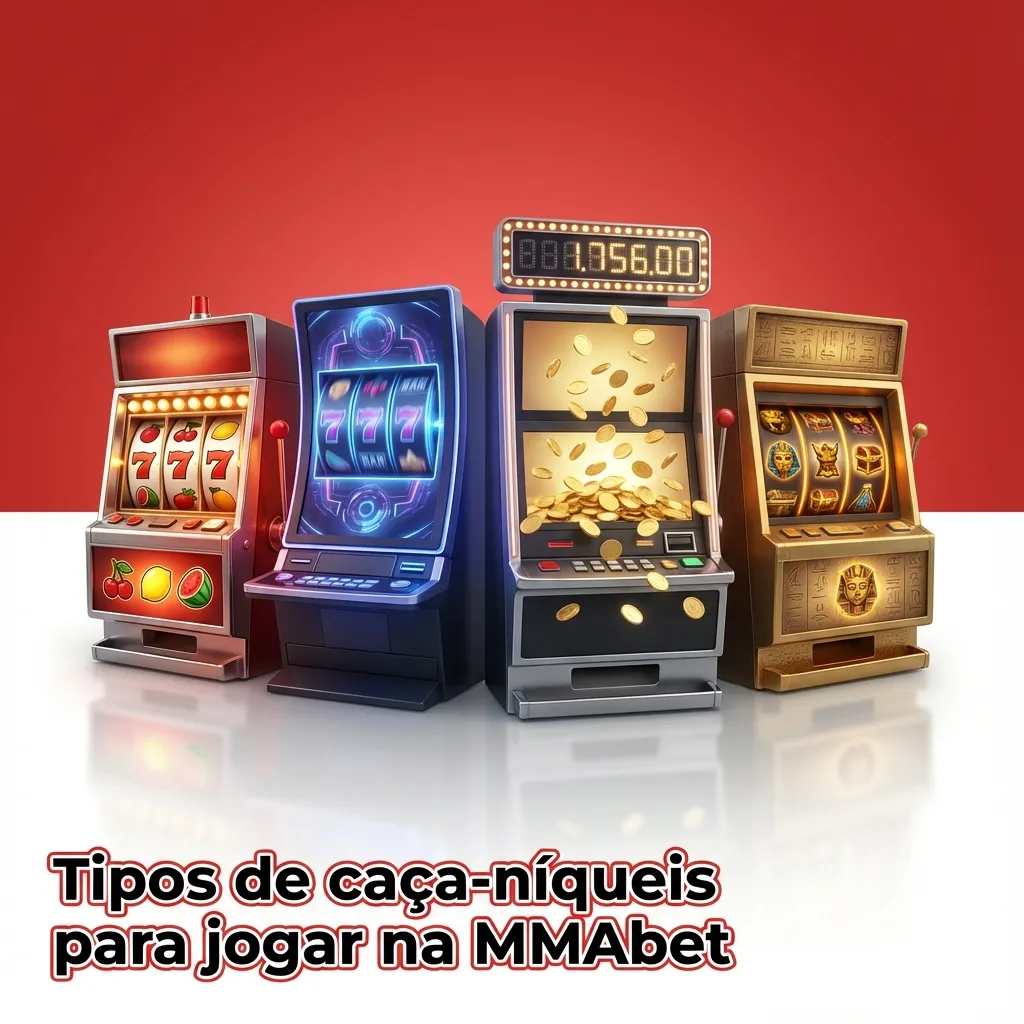 Banner da MMAbet exibindo diversos tipos de caça-níqueis online, de slots clássicos a Megaways e jackpots progressivos